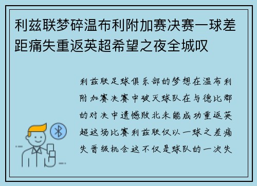 利兹联梦碎温布利附加赛决赛一球差距痛失重返英超希望之夜全城叹 利兹联梦碎温布利附加赛决赛一球差距痛失重返英超希望之夜全城叹